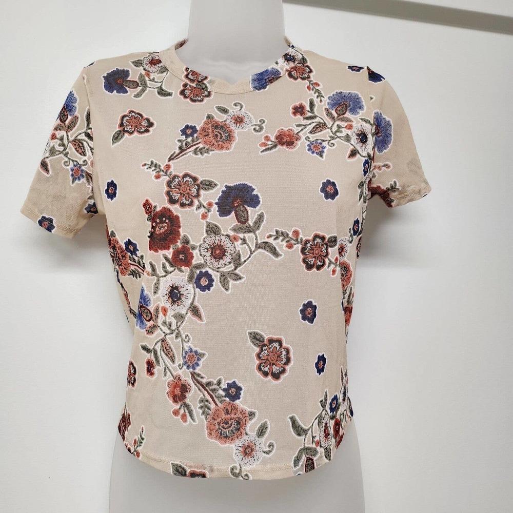 Ginger G sheer floral shirt Size S Blue, Orange and neutral floral pattern